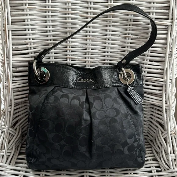 COACH Black Signature C Sateen Shoulder Bag with Creased Leather Trim - Picture 11 of 16